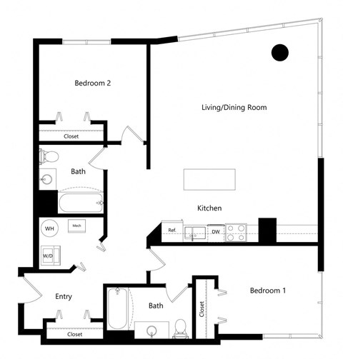 Floor plan for 2 beds, 2 baths, 1163 sqft